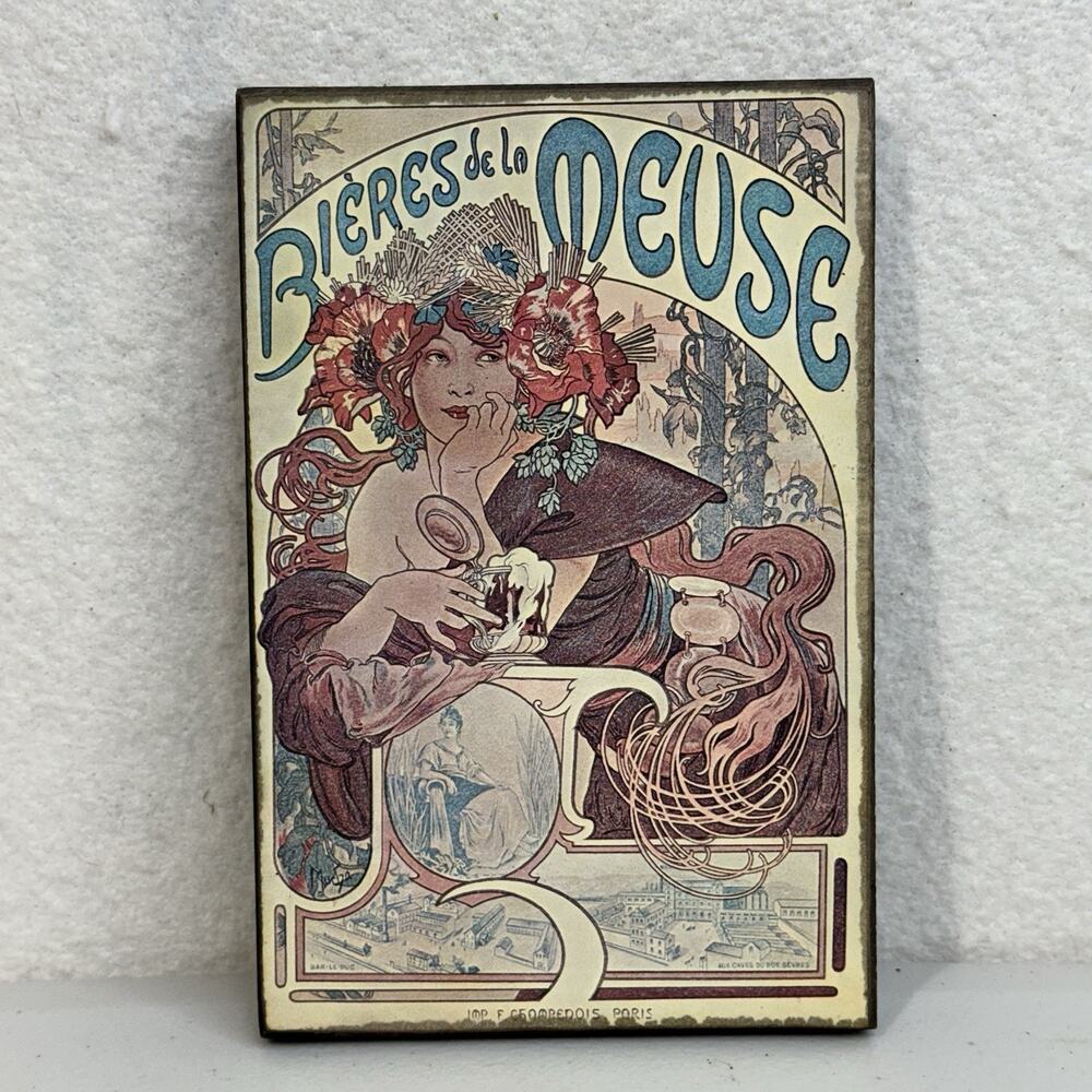 Art Nouveau Paris BIERES de la MEUSE by Alphonse Mucha Hard Pressed Board 9”x 6”